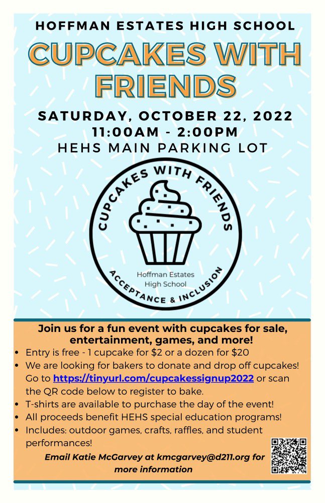MsALongmore's tweet photo. 🧁Saturday, Oct 22 11-2
❤️Outdoor event at HEHS ♾inclusion and acceptance #Hoffmanhawks #CupcakeswithFriends #Volunteer #Bake Please use the link to register to bake. https://t.co/sNJ4Pk5Jly