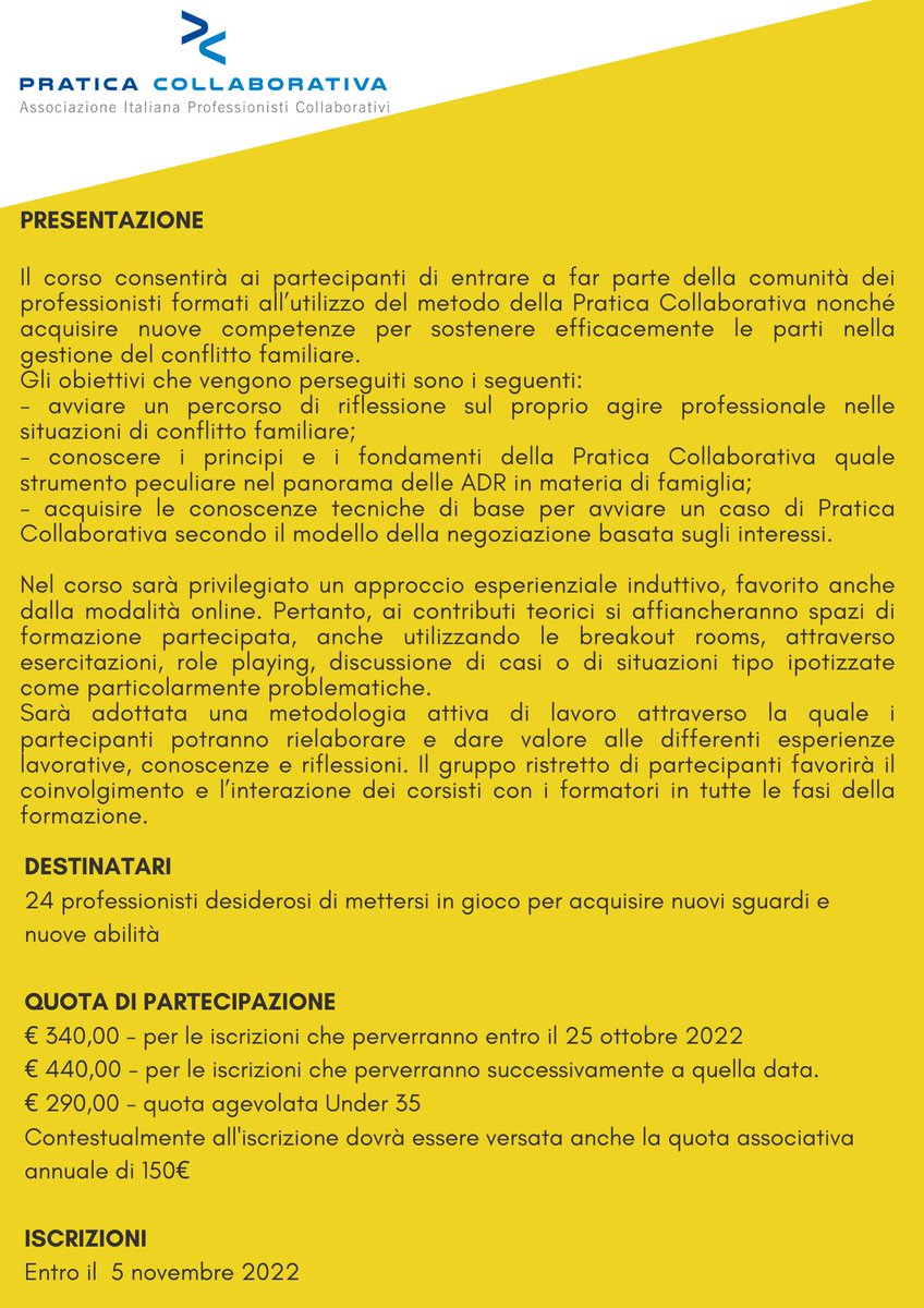 icollaborativi's tweet photo. 📍#Milano: 11,18 e 25 novembre,2 dicembre (su piattaforma #Zoom),16 dicembre in presenza.Corso introduttivo interdisciplinare di #praticacollaborativa.#aiadc #formazione #avvocati #commercialisti #psicologi #mediatori.
Non ti sei ancora iscritto?
Vai su 👉🏼 https://t.co/POQFVZMDSu https://t.co/IKXO8EXpgL