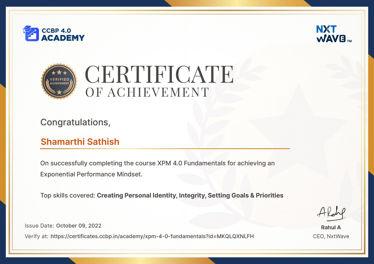 Ssathish1523's tweet photo. Hello Everyone 🙂!!
Here is my Course Completion Certificate - XPM 4.0 Fundamentals #NxtWave 
XPM 4.0 Fundamentals course offered by @nxtwave_tech. 
@rahulattuluri @sashankreddy07 @girishakash13 https://t.co/V1f8rka2aO