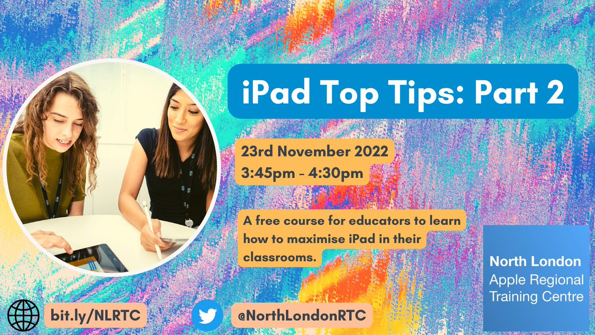 North London RTC (@northlondonrtc) on Twitter photo ๐๏ธ Date for next half term!
๐ฉ๐พโ๐ป Second part of our free <a href="/AppleEDU/">Apple Education</a> #iPad Top Tips training course w/ <a href="/MissHorrigan/">Miss Horrigan</a> & <a href="/MissWilliamsADE/">Cassey Williams</a>
๐๐พ Book your place here: bit.ly/NLRTC
#edtech ๐๏ธ Date for next half term!
๐ฉ๐พโ๐ป Second part of our free <a href="/AppleEDU/">Apple Education</a> #iPad Top Tips training course w/ <a href="/MissHorrigan/">Miss Horrigan</a> & <a href="/MissWilliamsADE/">Cassey Williams</a>
๐๐พ Book your place here: bit.ly/NLRTC
#edtech