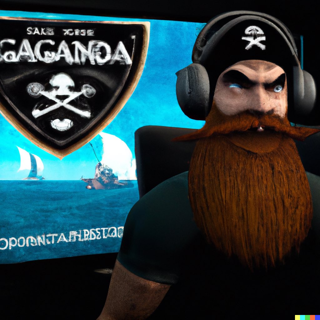 norlife's tweet photo. So I asked Dall-E to generate a picture using the words «Beardageddon playing Sea of Thieves» Not sure for Gaganda is, but that’s the manliest beard ever generated @RealLifeWookie @SeaOfThieves https://t.co/sjTxZoJj84
