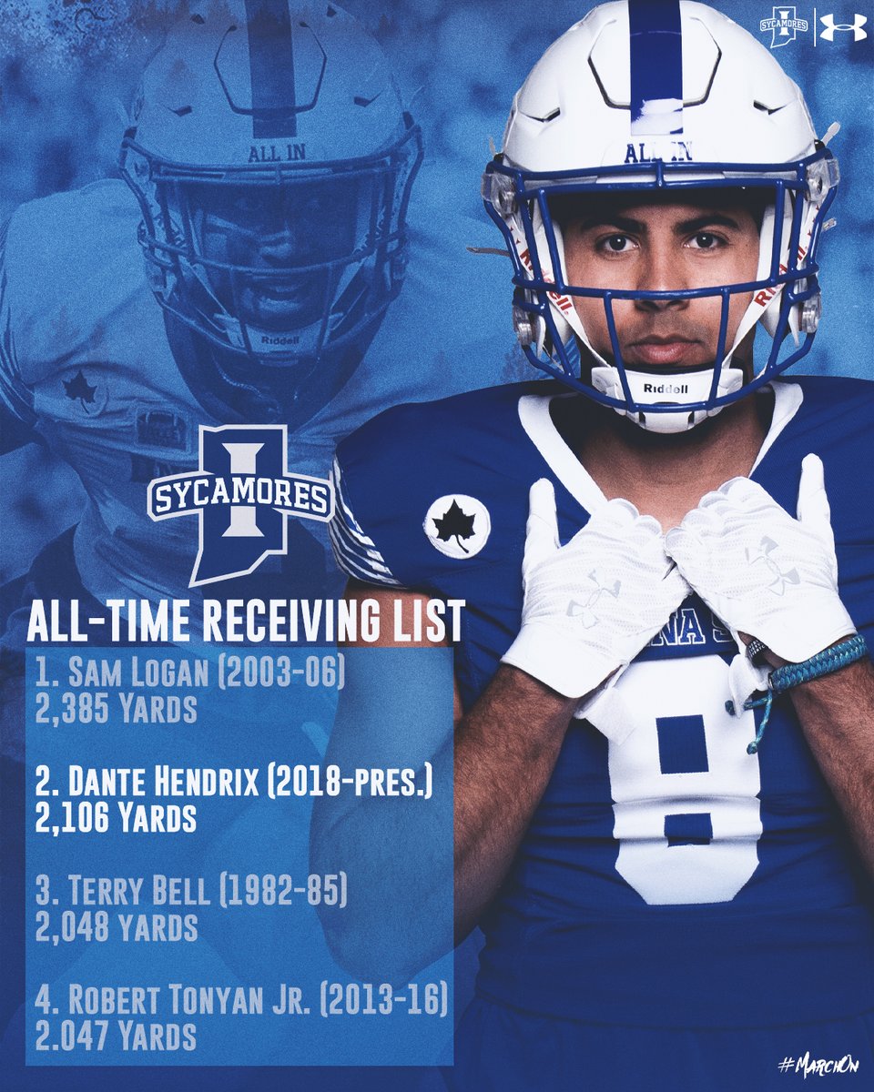 IndStFB's tweet photo. ICYMI - @D_Hendrix8 not only surpassed 2,000 career receiving yards yesterday, he also moved into 2️⃣nd all-time on the ISU receiving list

#MarchOn | #LeaveNoDoubt https://t.co/MPVeycdYxa