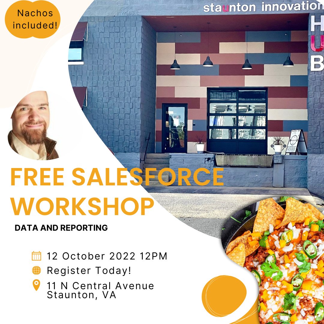 justinbarss's tweet photo. Two questions:  
1.  When's the last training you attended for your work?  
2.  Did they serve Nachos?  
Join me in person at my co-working office in Staunton, VA to enjoy nachos and talk through common reporting problems Salesforce users and Admins have. 
https://t.co/AFbBVTJx2o https://t.co/XOf8LQWUJY