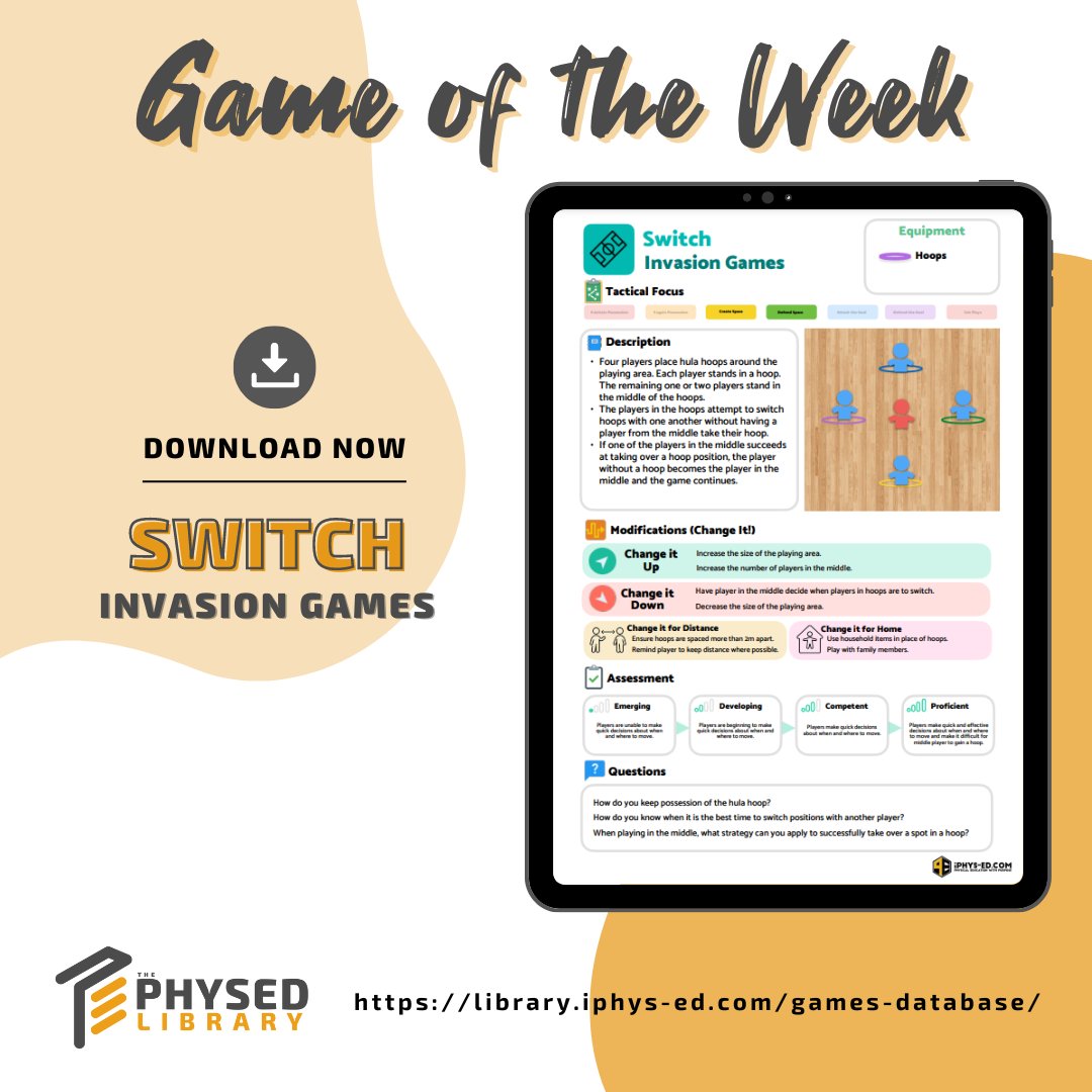 iPhys_Ed's tweet photo. Game Sheets for Switch | Invasion Games
Learning Focus: Create Space, Defend Space
Register now and download your game sheets at:
https://t.co/GtyPs2tdwP
#teach #fitness #coach #teacher #workout #fitnessmotivation #peathome #physical_literacy #school #sport #exercise https://t.co/PhCviOiUIV