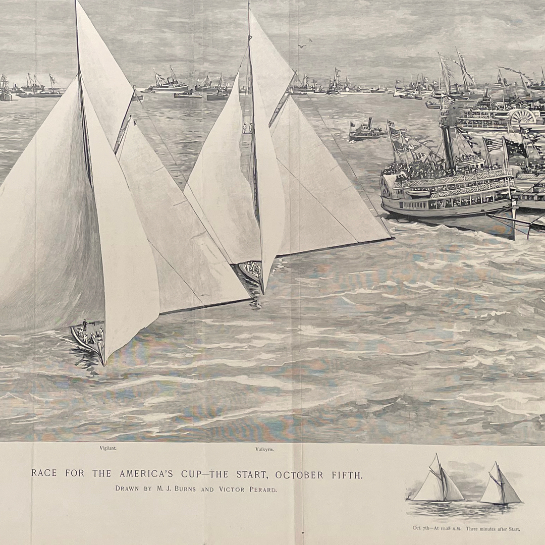 Oldimprints's tweet photo. Race for the America's Cup - The Start, October Fifth. Wood engraving published as a foldout supplement in Harper's Weekly magazine, October 1893. https://t.co/F1KFKtfsO5