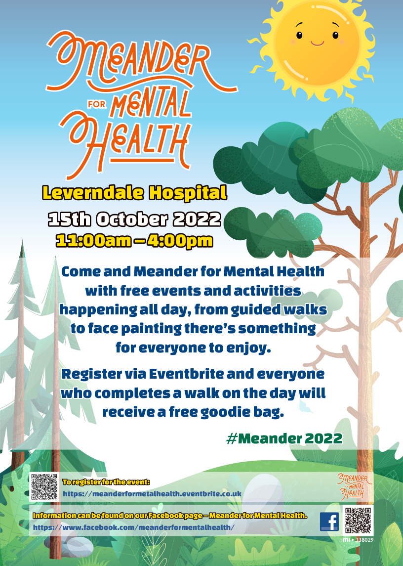 GCHSCP's tweet photo. New date for Meander for Mental Health - Sat 15 Oct from 11am to 4pm. All welcome to take part in walks around the grounds of Leverndale Hospital & surrounding areas. Read more & register for free T-shirt & goodie bag at https://t.co/BEevJL2PSh
#Meander2022 @NHSGGC @PathsforAll https://t.co/BYfaXEpNFg