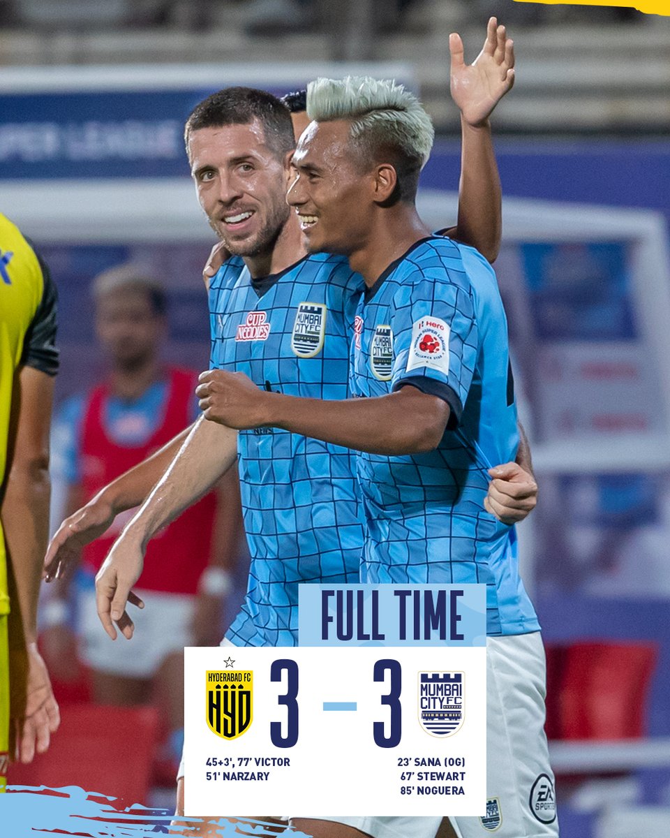 MumbaiCityFC's tweet photo. FT: HFC 3⃣- 3⃣MCFC

A goal fest in Pune sees us going home with a well earned point in our season opener against the defending Champions.  

#HFCMCFC #HeroISL #MumbaiCity #AamchiCity🔵 https://t.co/BgE7PSIDtN