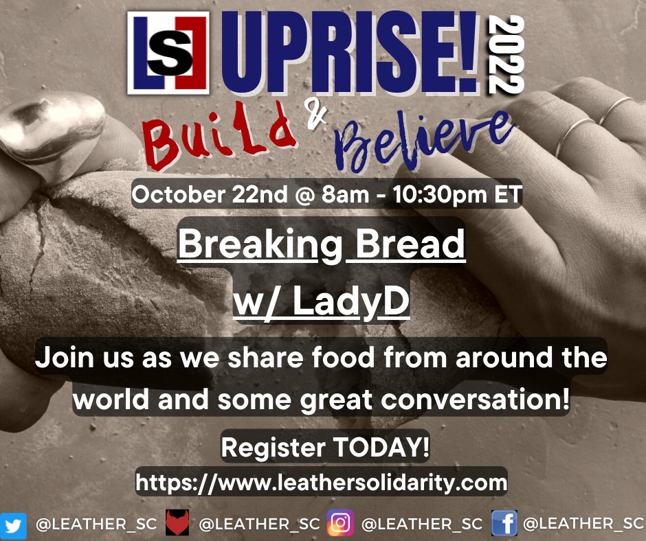 Leather_SC's tweet photo. Back by popular demand: Breaking Bread with Lady D!  Bring a dish that represents your culture and join us as we celebrate our diversity! You are not going to want to miss this! Links are down below.

Remember to RSVP &amp; Register TODAY!

Register: https://t.co/mx0JK1wAUz https://t.co/p6gxJYEI1e