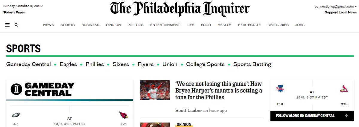 Inquirer's Sports page at noon on Sunday, 10/9/22 shows a Phillies - Cardinals playoff game in St. Louis tonight. Uh-oh. Somebody's made a boo-boo.