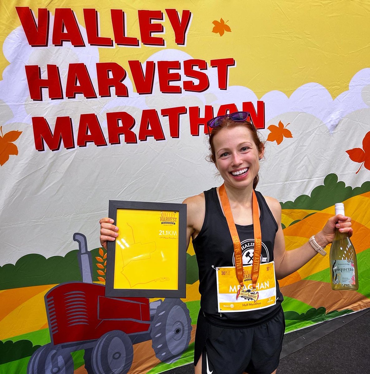 Proud to watch Meaghan come across the line this morning, first-place woman at the Valley Harvest Half-Marathon. (1:22:13)