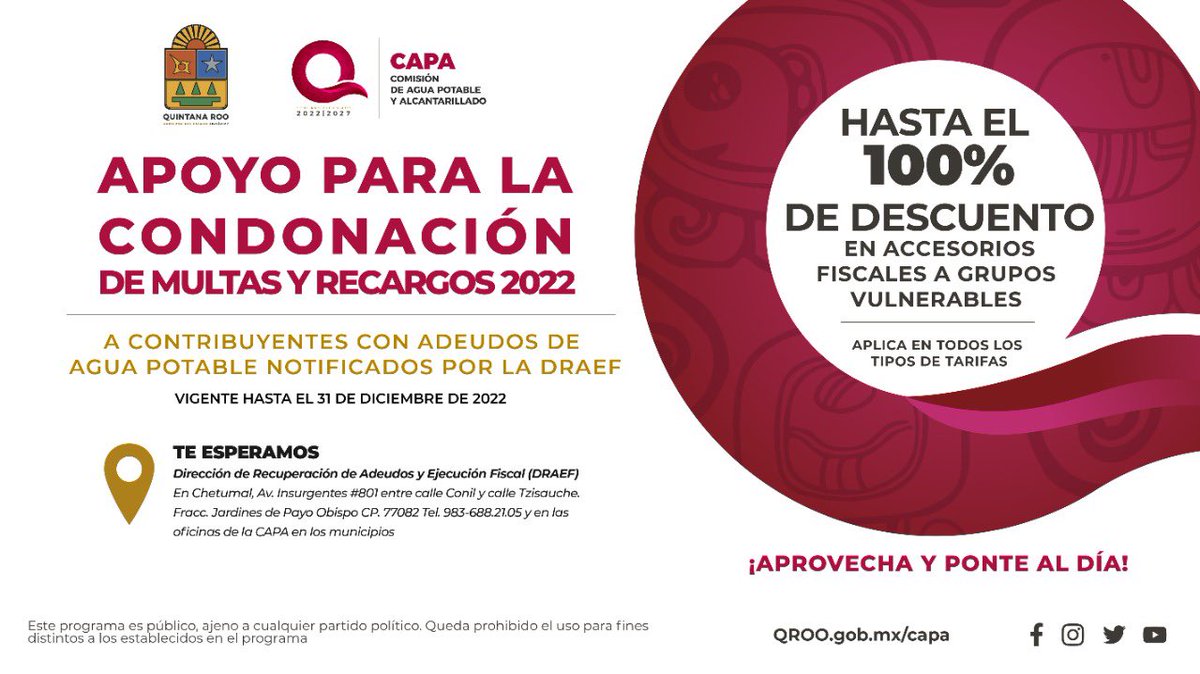 CAPAQRoo's tweet photo. ¡La CAPA te apoya! ➡️ Si tienes un crédito fiscal por adeudos en el servicio, y quieres regularizarte con facilidades, acércate a la DRAEF y obtén hasta el 100% de descuento en multas y recargos. ¡Estamos para servirte! #UnidosParaTransformar #BeneficiosFiscales2022 https://t.co/lgU4LlB1Be
