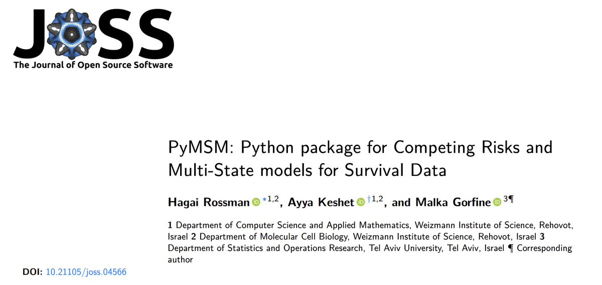 Happy to see PyMSM, our Python package, published as a paper via <a href="/JOSS_TheOJ/">JOSS</a> 📜🥳

joss.theoj.org/papers/10.2110…

With <a href="/AyyaKeshet/">Ayya Keshet</a> <a href="/GorfineMalka/">Malka Gorfine</a>