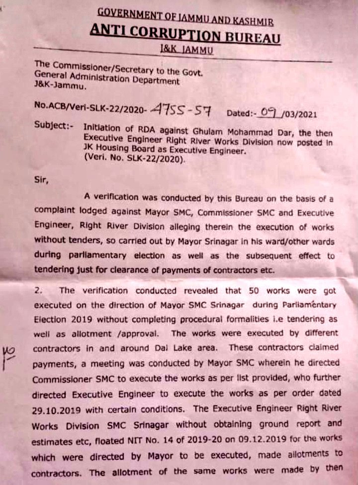 Parvaiz_Qadri's tweet photo. Yes, @SMC_Srinagar is confined to to some wards in #Srinagar.
A verification conducted by @JKACB revealed that almost 50 works were got executed on the directions of SMC Mayor @Junaid_Mattu with out completing procedural formalities as well as allotment. 1/2 
@OfficeOfLGJandK https://t.co/T5ROyKoFlk