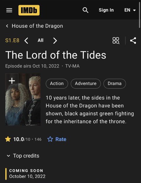 Houseofthedrag_'s tweet photo. #HouseOfTheDragon  EP 8 Score 10/10 IMDB Rating https://t.co/LHzyoctZUz