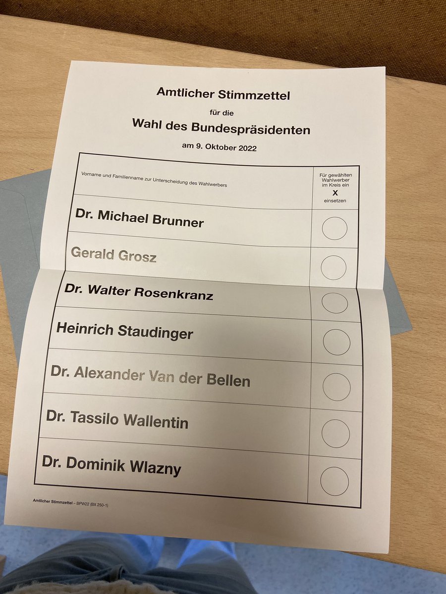 nisnis's tweet image. This is the ballot for the Austrian presidential election. Each ballot is placed in an envelope, thrown in a box, &amp;amp;taken out at 5pm, when the polling stations close. The votes are counted by a group of people representing different political parties, ensuring there’s no fraud.