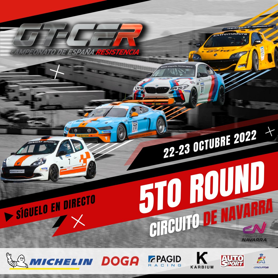 ¡Estamos en la recta final! 
El <a href="/CircuitoNavarra/">Circuito de Navarra</a> será el escenario de la penúltima cita de la temporada del #GTCER22 🔝🏎
🔜 #SAVETHEDATE Nos vemos los días 22 y 23 de octubre sobre el trazado navarro, para disfrutar de la mejor competición de resistencia a nivel nacional 💥