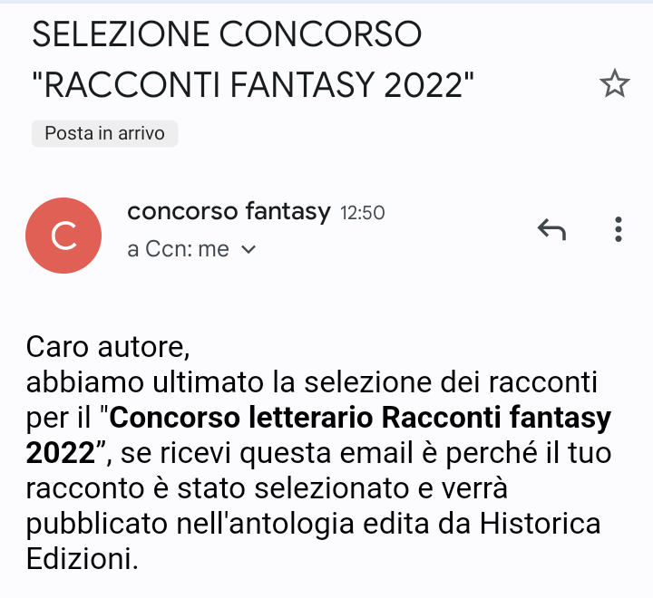 Due giorni di mail piacevoli, incredibile!
HO VINTO UN CONCORSO AAAAAAH (cioè, sono stata selezionata, che poi sembra che abbiano premiato solo me)
#scrittoriemergenti #concorsoletterario