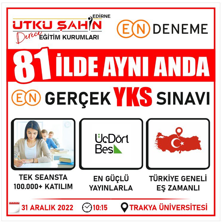 UtkuSahinEgitim's tweet photo. GERÇEK MEKÂN, GERÇEK SINAV!

Bu heyacanı yaşamak isteyen
9. Sınıf
10. Sınıf
11. Sınıf 
12. Sınıf 
Mezun öğrenciler katılabilir.

Başvuru Merkezi:
Utku Şahin Kişisel Gelişim Kursu 
( Ayçiçeği Kavşağı)

Detaylı bilgi için;
05321715041
02842361122
#edirne
#utkuşahineğitimkurumları https://t.co/c27ZEIxhMD