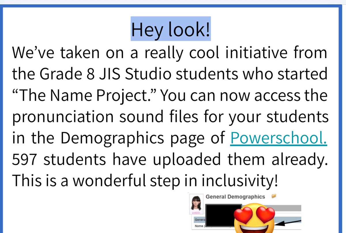 This message from my principal made my day!  What an absolutely awesome initiative! And of course it came from students.  Thanks for helping those of us who make an effort to pronounce their names properly! #myNameMyIdentity #deij #studentvoice