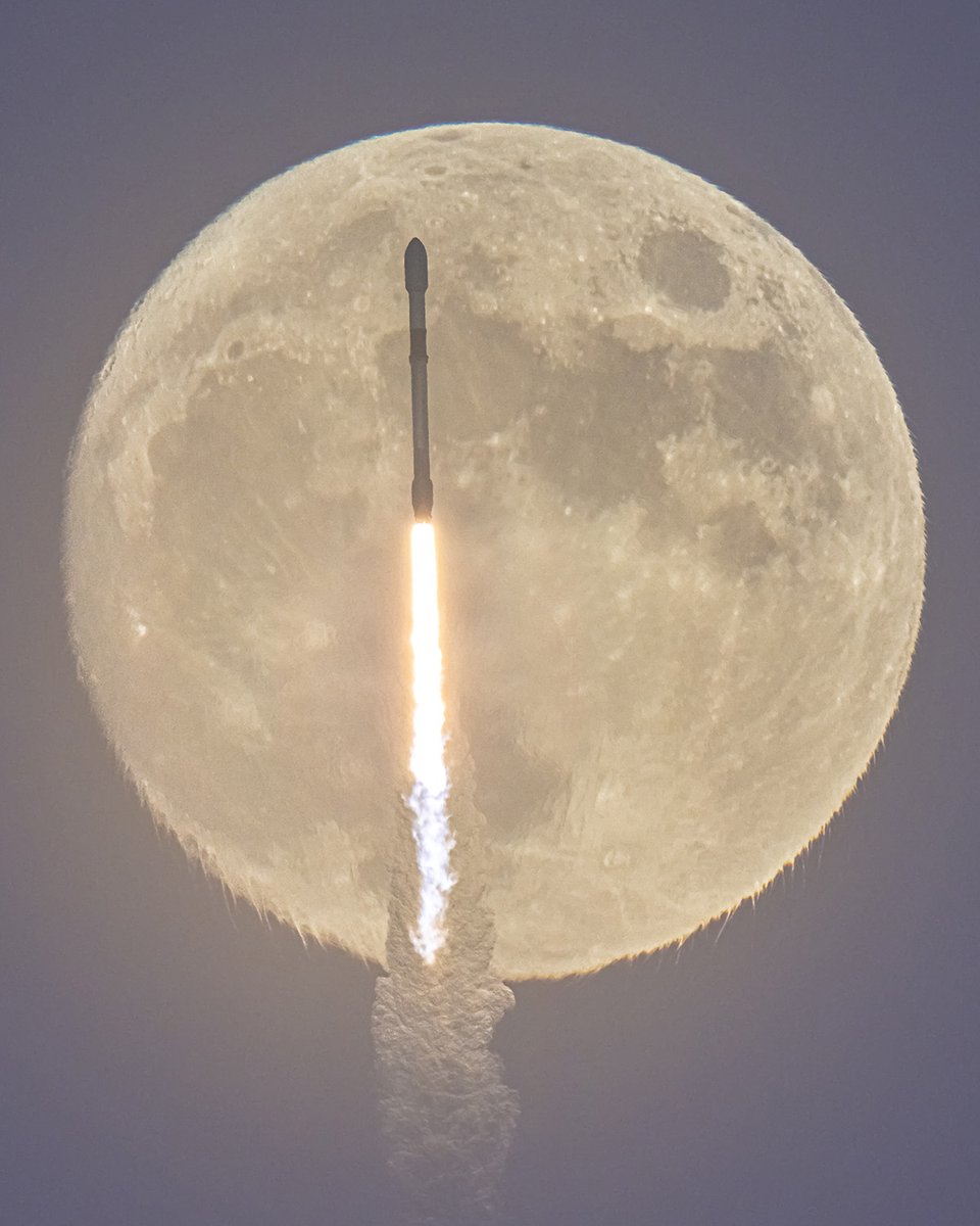 Two years ago this week, I captured a Falcon 9 rocket launching in front of the sun. Last night, I finally took the follow-up image with a Falcon 9 in front of the nearly-full moon!