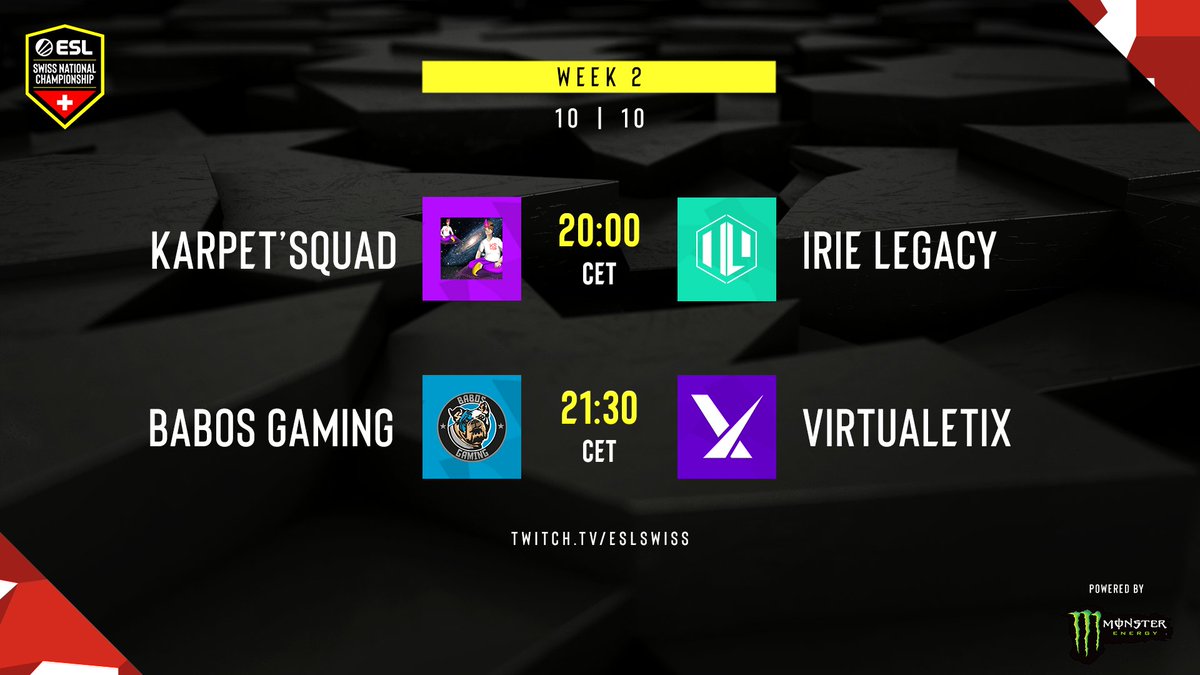 ESL Swiss (@eslswiss) on Twitter photo βοΈ GAME WEEK 2 βοΈ
π 20:00 CET
KarpetβSquad π <a href="/IrieLegacy/">Irie Legacy</a>
π 21:30 CET
<a href="/BabosGaming/">Babos Gaming</a> π <a href="/virtualetix/">virtualetix</a>
Casted by:
ποΈ<a href="/AndiGAMETV/">Andi</a>
ποΈ<a href="/MrSkopelos27/">Michalis Skaventzos</a>
See you tonight. π
πΉ twitch.tv/eslswiss βοΈ GAME WEEK 2 βοΈ
π 20:00 CET
KarpetβSquad π <a href="/IrieLegacy/">Irie Legacy</a>
π 21:30 CET
<a href="/BabosGaming/">Babos Gaming</a> π <a href="/virtualetix/">virtualetix</a>
Casted by:
ποΈ<a href="/AndiGAMETV/">Andi</a>
ποΈ<a href="/MrSkopelos27/">Michalis Skaventzos</a>
See you tonight. π
πΉ twitch.tv/eslswiss