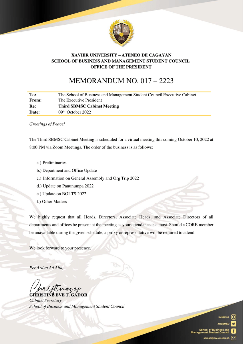 XUSBMSC's tweet photo. [READ]

𝐌𝐞𝐦𝐨𝐫𝐚𝐧𝐝𝐮𝐦 𝟎𝟏𝟕-𝟐𝟐𝟐𝟑
Third SBMSC Cabinet Meeting

Read more here:
https://t.co/4JsBW8VJXG

#XUSBMSC
#KaAgila
#ClaimIt https://t.co/I4D4b7PxcG