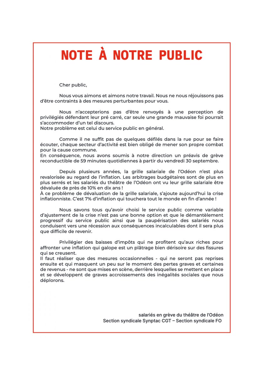 Depuis le 23 septembre, les salarié·e·s en #grève au théâtre national de l'#Odéon se mobilisent pour la défense du service public du spectacle vivant, qui passe par une politique salariale à la hauteur des exigences de qualité qui incombent à ces structures 👇