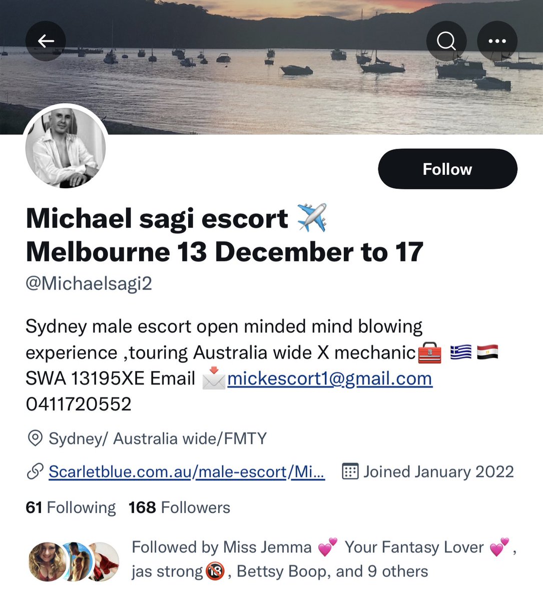 jennaloveaus's tweet photo. Just a reminder that this person is DANGEROUS. He used to go by Mick Z but has “rebranded” as Michael Sagi, and he has stalked and harassed me since 2018. I don’t know why he is pretending to be an escort, but in my opinion he should not be allowed to be alone with a woman. https://t.co/O4qDUO5VOf