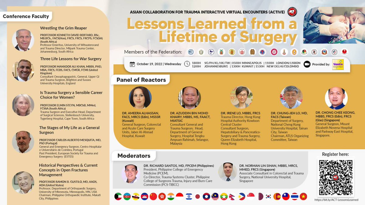 Meet again @Trauma_Asia to hang with maestro surgeons- lessons learn from life time of surgery on 19th October 1800 hours Singapore time @traumakhan @ElminSteyn @A160186