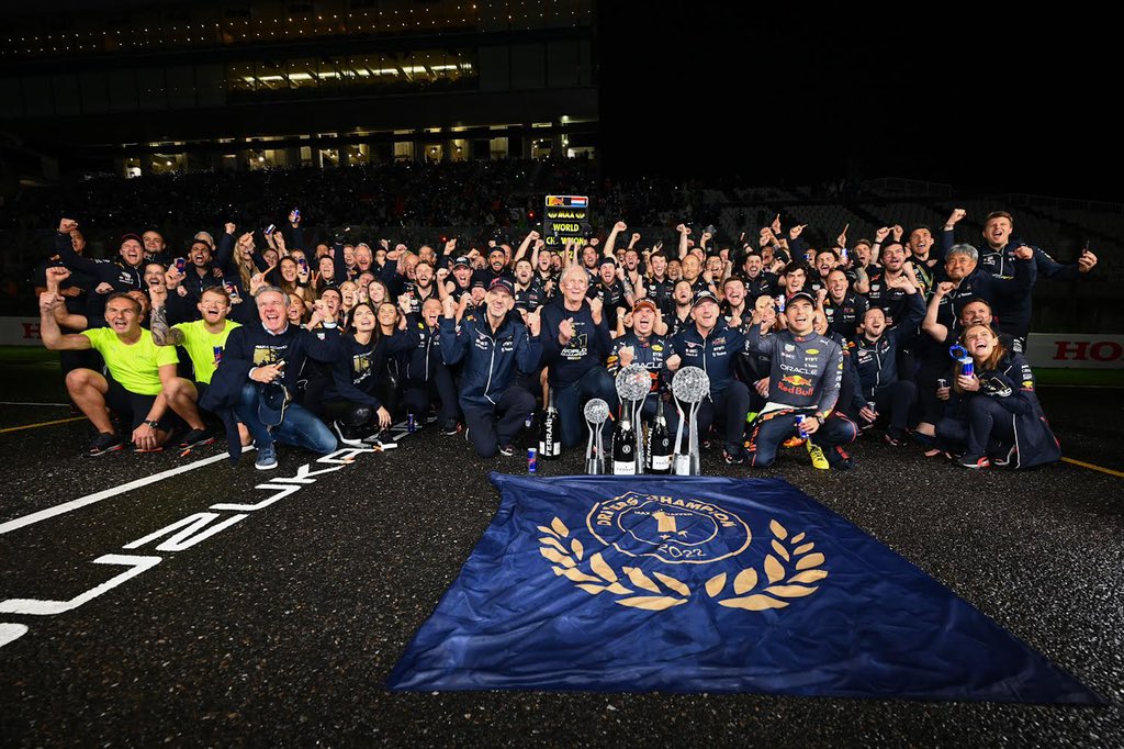 SChecoPerez's tweet photo. Congratulations, champion! @Max33Verstappen 
Well deserved championship. I feel very proud of you and what a way to do it, in front of our Honda home race!
Let’s go for more! 1-2 to finish this championship on top! Congrats @redbullracing https://t.co/M8LWSS5jei