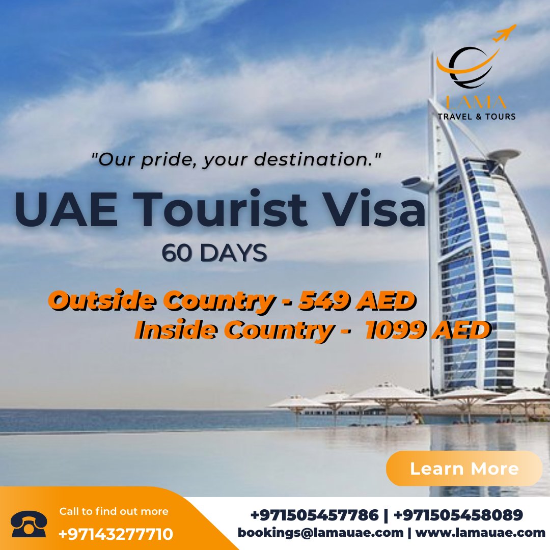 Lama Tours offers UAE tourist visa service for the travelers who want to visit UAE for 60 days outside country- 549AED and for 60 days inside country -1099AED . For more information contact us. #uaevisa #dubaivisa #visa #touristvisa #visitvisa #visachange #dubailife #lamatours