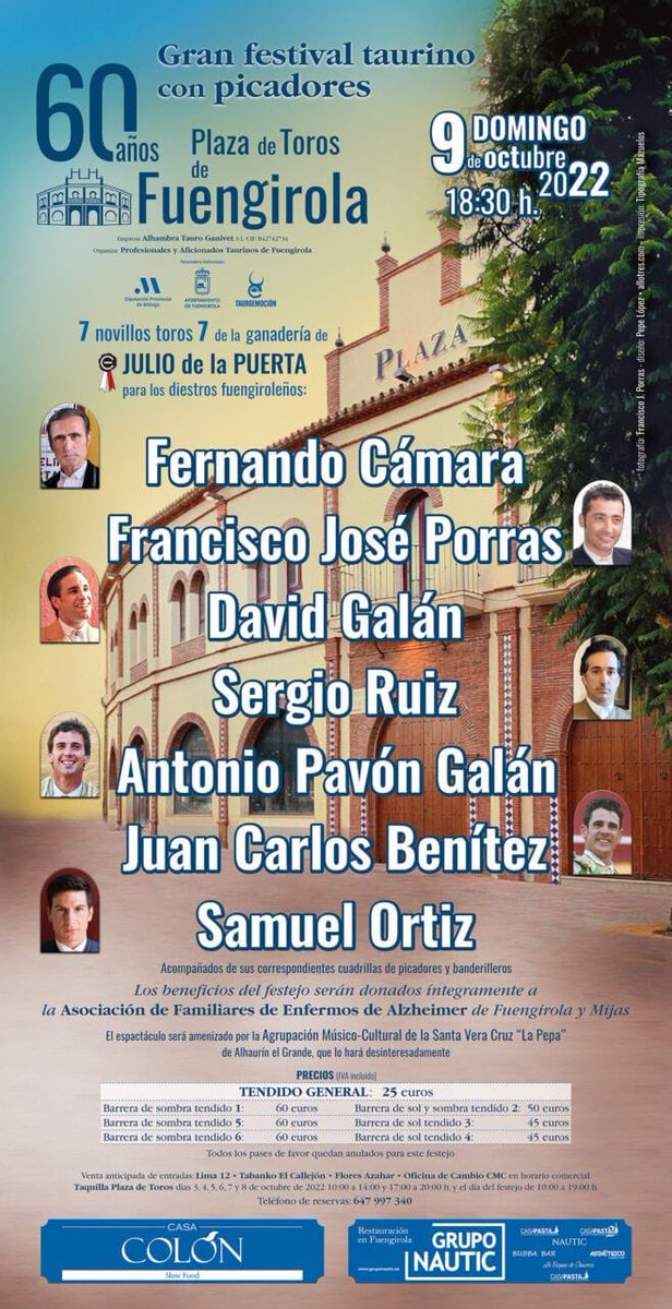 Hoy en Fuengirola, Provincia de Málaga, Festival Taurino, <a href="/fertorero/">Fernando Camara</a>, Francisco José Porras, <a href="/GalanTorero/">David Galan</a>, <a href="/SergiioRuizC/">Sergio Ruiz</a>, <a href="/PavonGalan/">pavón galán</a>, <a href="/PrensaJCBenitez/">Prensa Juan C. Benítez</a> y <a href="/SamuelOrtizE/">Samuel Ortiz</a>. Novillos 🐂 de <a href="/GJPuerta/">Ganaderia JdlPuerta</a>