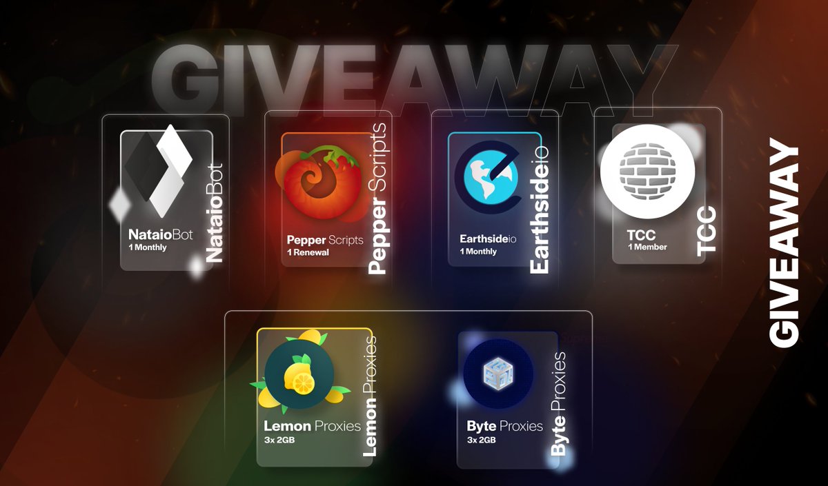 PepperScripts (@pepperscripts) on Twitter photo 🃏72H GIVEAWAY😇
<a href="/PepperScripts/">PepperScripts</a> 2x Renewal 🗝️
@ClosedCulture 1xMembership📝
<a href="/EarthSideIO/">EarthSide</a> 1xMonthly🗝️
<a href="/NATAIOBOT/">NATBOT</a> 1xMonthly🗝️
<a href="/Lemon_Proxies/">LemonProxies</a> 3x2GB🪩
<a href="/ByteProxies/">Byte Proxies</a> 3x2GB🪩
🧧FOLLOW ALL , LIKE AND RETWEET TO ENTER🫂 🃏72H GIVEAWAY😇
<a href="/PepperScripts/">PepperScripts</a> 2x Renewal 🗝️
@ClosedCulture 1xMembership📝
<a href="/EarthSideIO/">EarthSide</a> 1xMonthly🗝️
<a href="/NATAIOBOT/">NATBOT</a> 1xMonthly🗝️
<a href="/Lemon_Proxies/">LemonProxies</a> 3x2GB🪩
<a href="/ByteProxies/">Byte Proxies</a> 3x2GB🪩
🧧FOLLOW ALL , LIKE AND RETWEET TO ENTER🫂