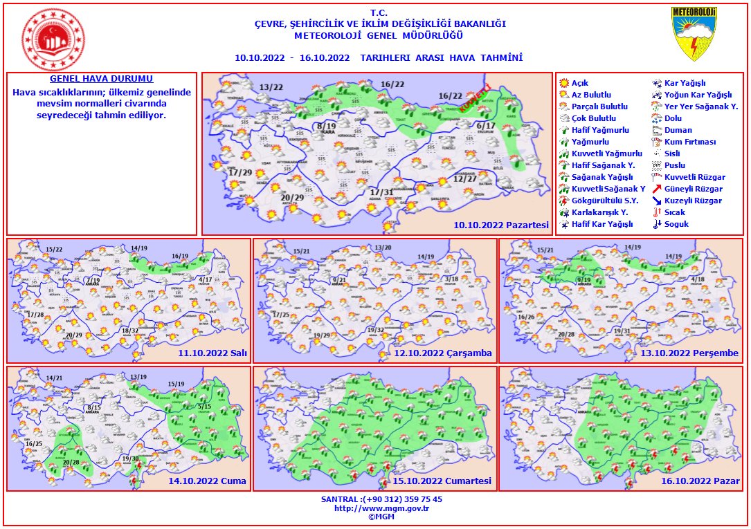 meteoroloji_twi's tweet photo. Haftalık Hava Tahmini
(10 - 16 Ekim 2022)
Hava sıcaklıklarının ülkemiz genelinde mevsim normalleri civarında seyredeceği tahmin ediliyor. https://t.co/RePogjF1Et