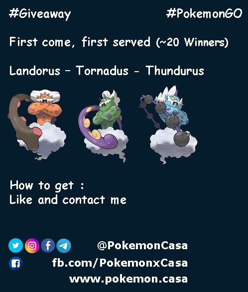 PokemonCasa's tweet photo. #Giveaway #PokemonGO 
Landorus, Tornadus and Thundurus
To complete "Season of Legends Special Research" 
(Not shiny) https://t.co/4D9gmADTUd