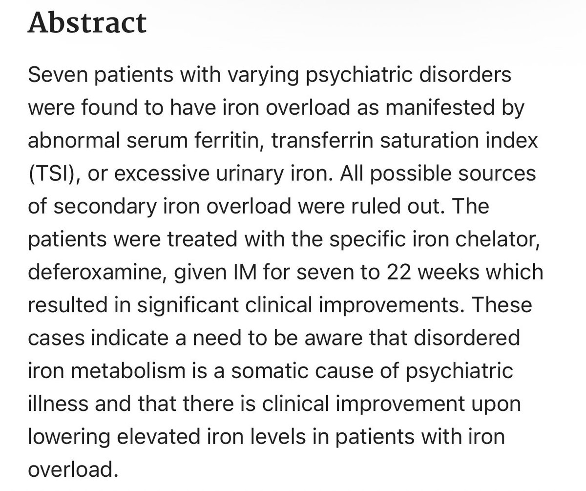 Iron overload and psychiatric illness pubmed.ncbi.nlm.nih.gov/8194001/

Full link to paper: sci-hub.se/https://pubmed…