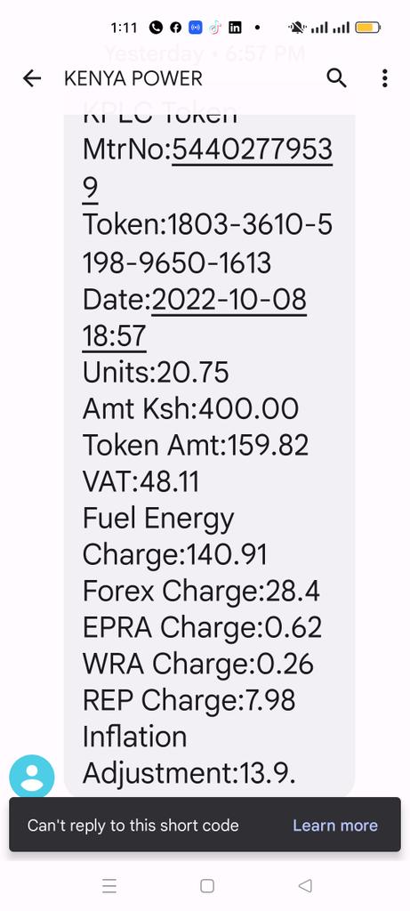 #159/400 this isn't good at all. Government waiting to take more than half of the amount you buy tokens...@WilliamsRuto @MamaRachelRuto @KenyaPower_Care @Cofek_Africa @rigathi @citizentvkenya around a quarter is good. But 159/400 is too much especially for non-employed hustlers