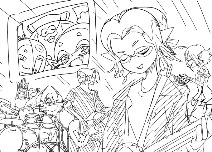 バンカライブのバンドメンバー方かっこよすぎて聴きながらスプラ住民化して描いてたメモ 