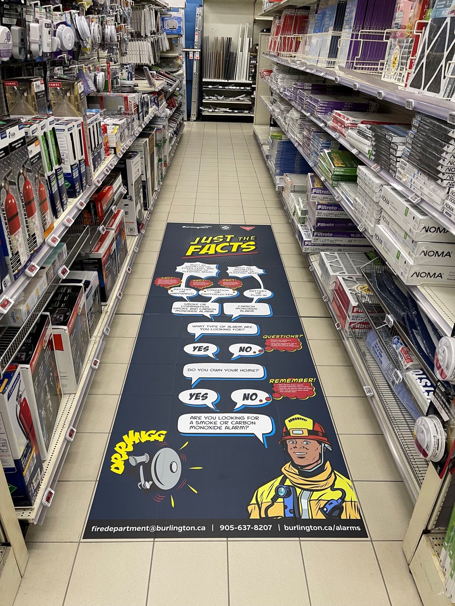 BurlingtonFire's tweet photo. Looking for a smoke and/or carbon monoxide alarm but aren't quite sure what you need? Follow the steps (literally) to guide you on the legal requirements for your home @CanadianTire Appleby to see our #JustTheFacts display. @LauraKingNFPA @ONFireMarshal https://t.co/lLDHILuIhi https://t.co/7OPvYjbDjr
