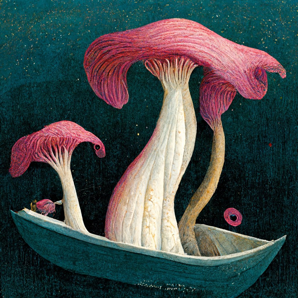 これはクジラ中に飲まれたキノコですそれからボートに乗っててクジラの近くにいたら飲まれちゃったって言う感じですそれからがっかりしてる感じがしてかわいそうだと思いますそれからピンクの部分が髪の毛に見えててアリエルな感じ背景がクジラのお腹中の感じで良い感じだと思いますAIがんばりました