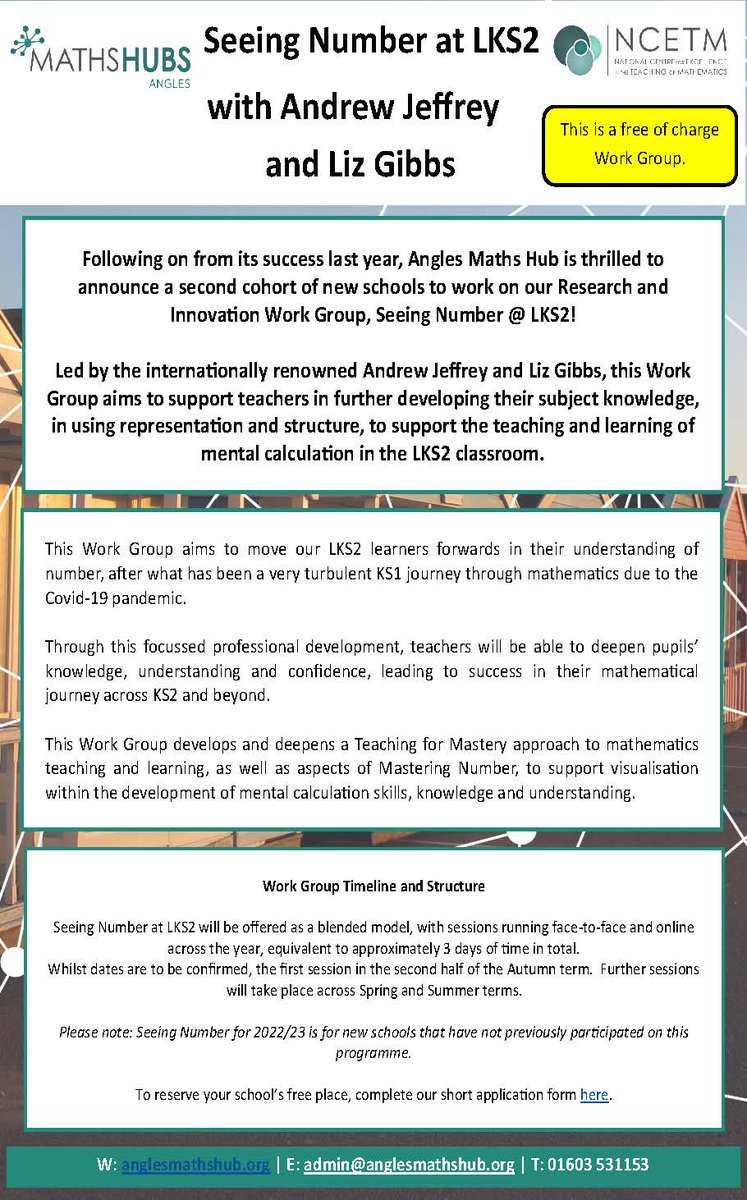 Come and join Andrew <a href="/AJMagicMessage/">Andrew Jeffrey</a> and I in our seeing number NCETM research and innovation group.  Details below.