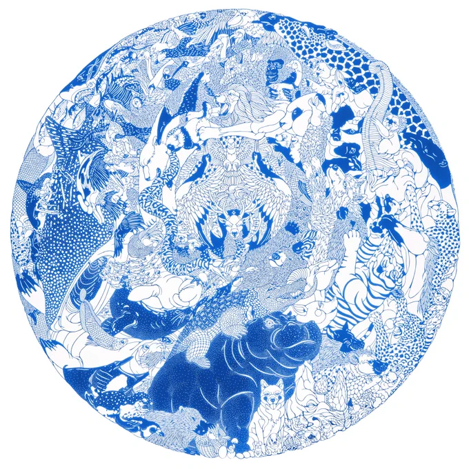 ミント神戸での切り絵展、絶賛開催中です。こちらの作品には、約120種類の生き物が描かれております。何がいるか探してみてね。ちなみにクジラに気づいた方は今のところ1人です。ちょこっと小さくウーパールーパーもいます。展示は10/31まで #切り絵 #papercuttingart #art 
