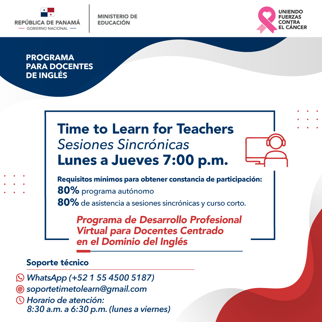 MeducaPma's tweet photo. Docentes de inglés, las sesiones sincrónicas serán de lunes a jueves de 7:00 p.m. a 8:00 p.m. Para obtener tu constancia de participación, tendrás que completar al menos 80% del programa en trabajo autónomo, al menos el 80% de asistencia en sesiones sincrónicas y un curso corto. https://t.co/t9R2zKEHRs