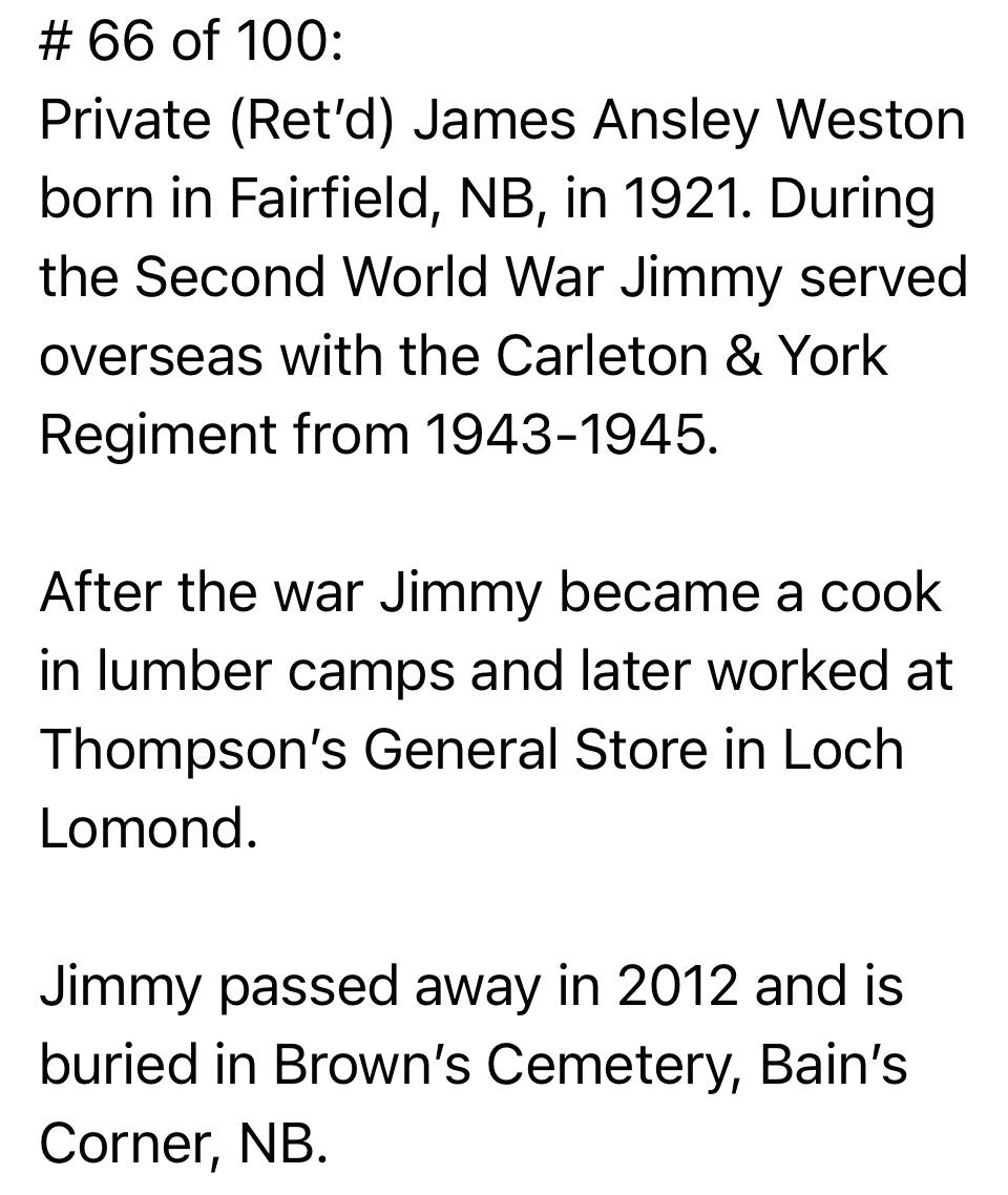 BernardCormier's tweet photo. 2022 ‘FOREVER GRATEFUL’ PROJECT:
# 66 of 100:
Private (Ret’d) James Ansley Weston born in Fairfield, NB, in 1921. During the Second World War Jimmy served overseas with the Carleton &amp; York Regiment from 1943-1945.
#SaintJohnRemembers https://t.co/gp7hdIiarm