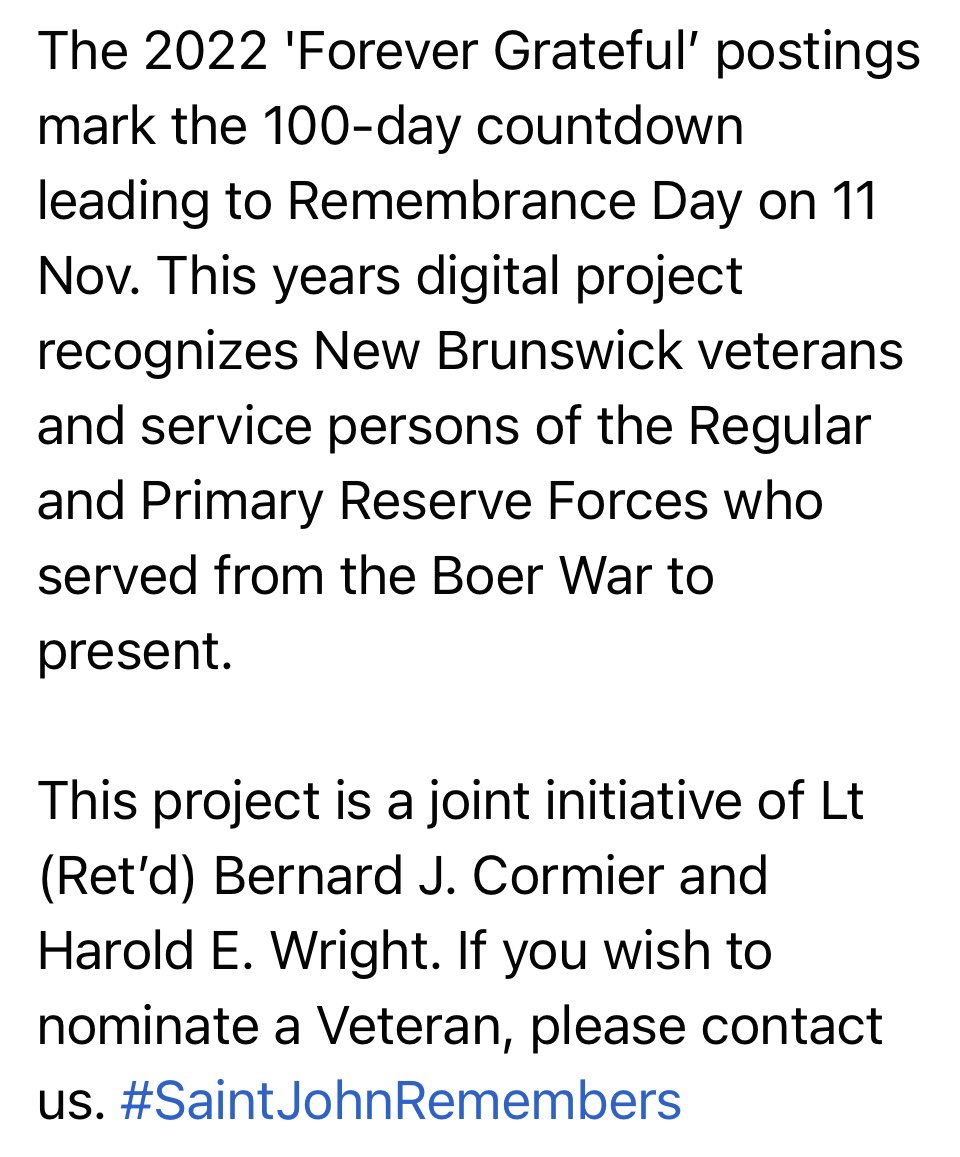 2022 ‘FOREVER GRATEFUL’ PROJECT:
# 66 of 100:
Private (Ret’d) James Ansley Weston born in Fairfield, NB, in 1921. During the Second World War Jimmy served overseas with the Carleton &amp; York Regiment from 1943-1945.
#SaintJohnRemembers