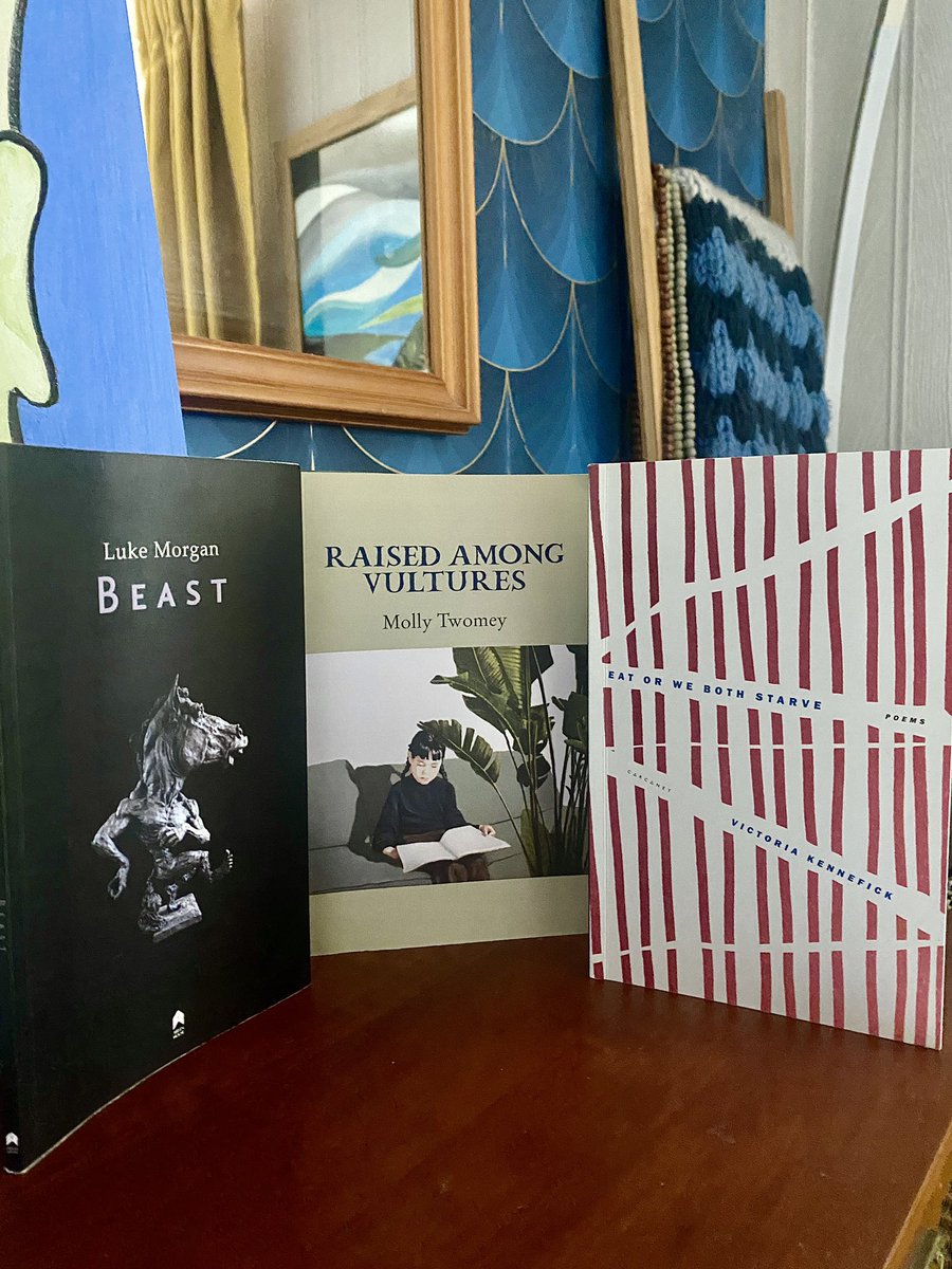 Look who I’ve reunited after their electric performance at the @braylitfest Reading @mollytwomey1 today & Raised Among Vultures @TheGalleryPress & revisiting @VKennefick Eat or We Both Starve @Carcanet & @LukeMorganPoet The Beast @ArlenHouse Creative Covid distractions ⭐️⭐️⭐️