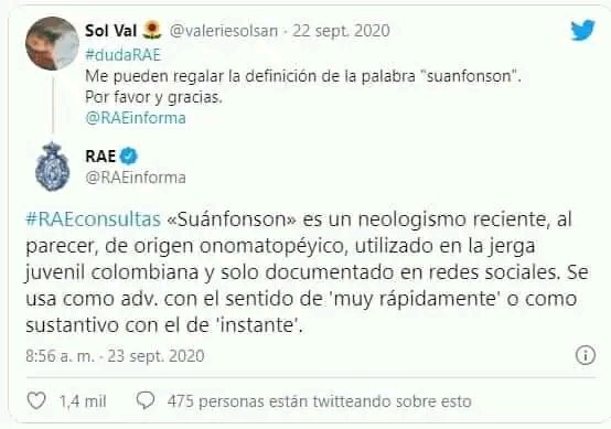 Hace un par de años los cubaniches le caímos encima a la <a href="/RAEinforma/">RAE</a>  para consultarle por los términos #suanfonson (o suanfanzon) #ñiñiñi y #lindoro
Y el CM de esa ilustre institución debe haber pensado "¿de dónde sale tanto loco?"
De Cuba, señor mío, de Cuba 😅