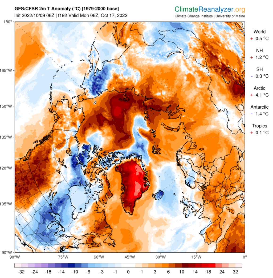EliotJacobson's tweet photo. The Arctic is going crazy.

The current GFS forecast for Oct. 17 shows large parts of Greenland more than 24°C (43°F) above average. Just another Summer day in October.

Where did the cold Arctic air go? Check out the East/Central US &amp; Canada. https://t.co/Cz1Xu0Oxd6