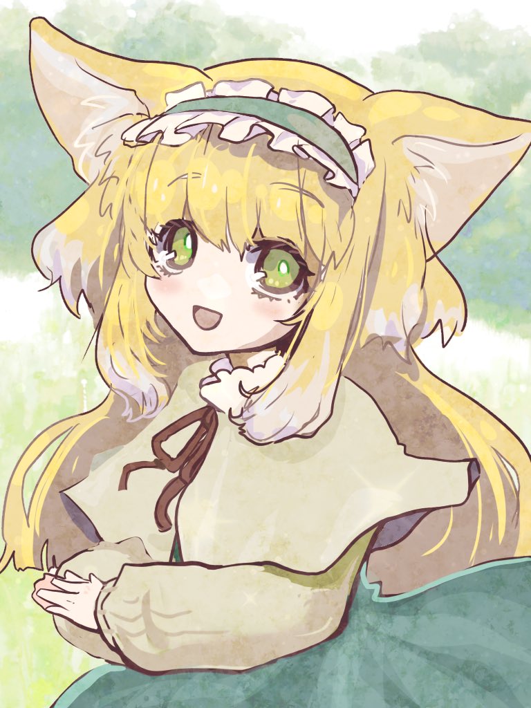 suzuran (arknights) 1girl animal ears hairband green eyes frilled hairband fox ears blonde hair  illustration images