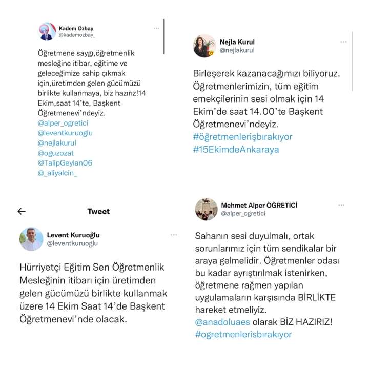 HELAL olsun sizlerle grur DUYUYORUZ İYİKİ varsınız genel başkanlarım 👏👏👏 Birlikte Başaracağız Kazanacağız 
<a href="/kademozbay_/">Kadem Özbay</a> <a href="/nejlakurul/">Nejla Kurul</a> <a href="/leventkuruoglu/">Levent Kuruoğlu</a> <a href="/egitimis/">Eğitim-İş</a> <a href="/egitimsen/">Eğitim Sen</a> <a href="/HurEgitimSen/">Hürriyetçi Eğitim Sen Genel Merkezi</a> 
#ogretmenlerisbırakıyor
💪Birlikten Kuvvet Doğar 
#BirlikteKazanacagız